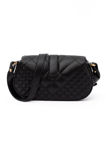 Black quilted leather shoulder bag with gold hardware and adjustable strap on white background