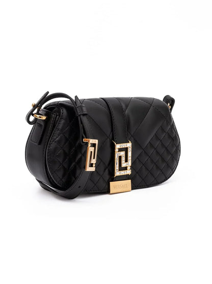 Quilted black leather designer shoulder bag with gold hardware and geometric buckle