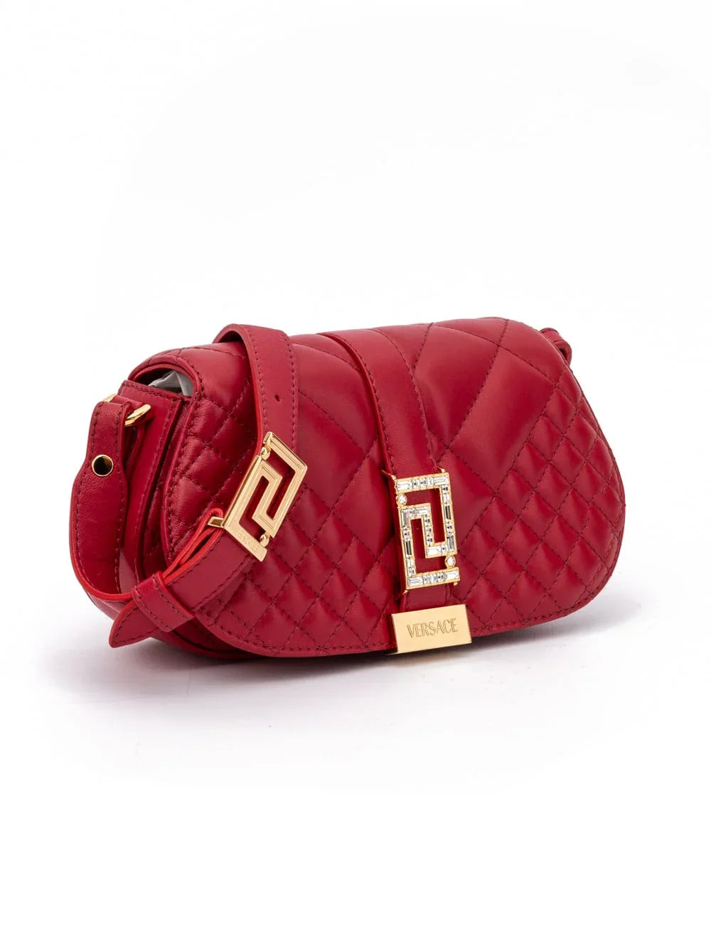 Red quilted leather designer handbag with gold-tone hardware and geometric buckle