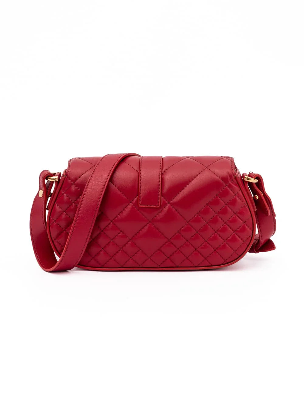Red quilted leather crossbody bag with gold hardware on a white background