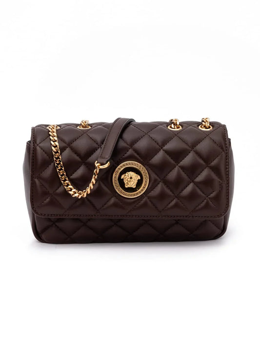 Brown quilted leather shoulder bag with gold chain strap and medallion detail