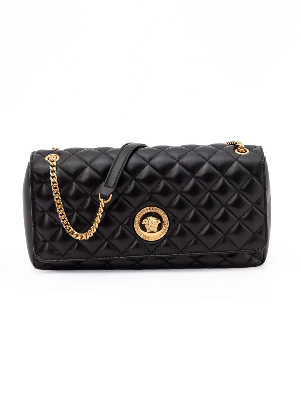 Black quilted leather designer shoulder bag with gold chain strap and medallion detail