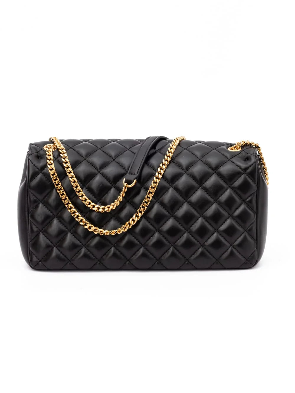 Quilted black leather designer handbag with gold chain strap on white background