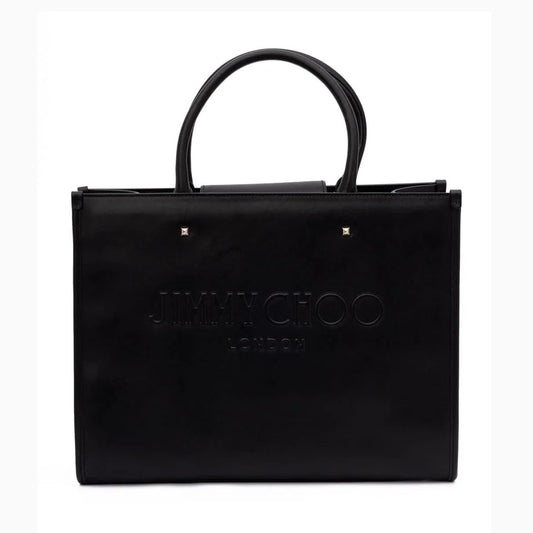 Black leather designer tote bag with embossed logo and dual top handles