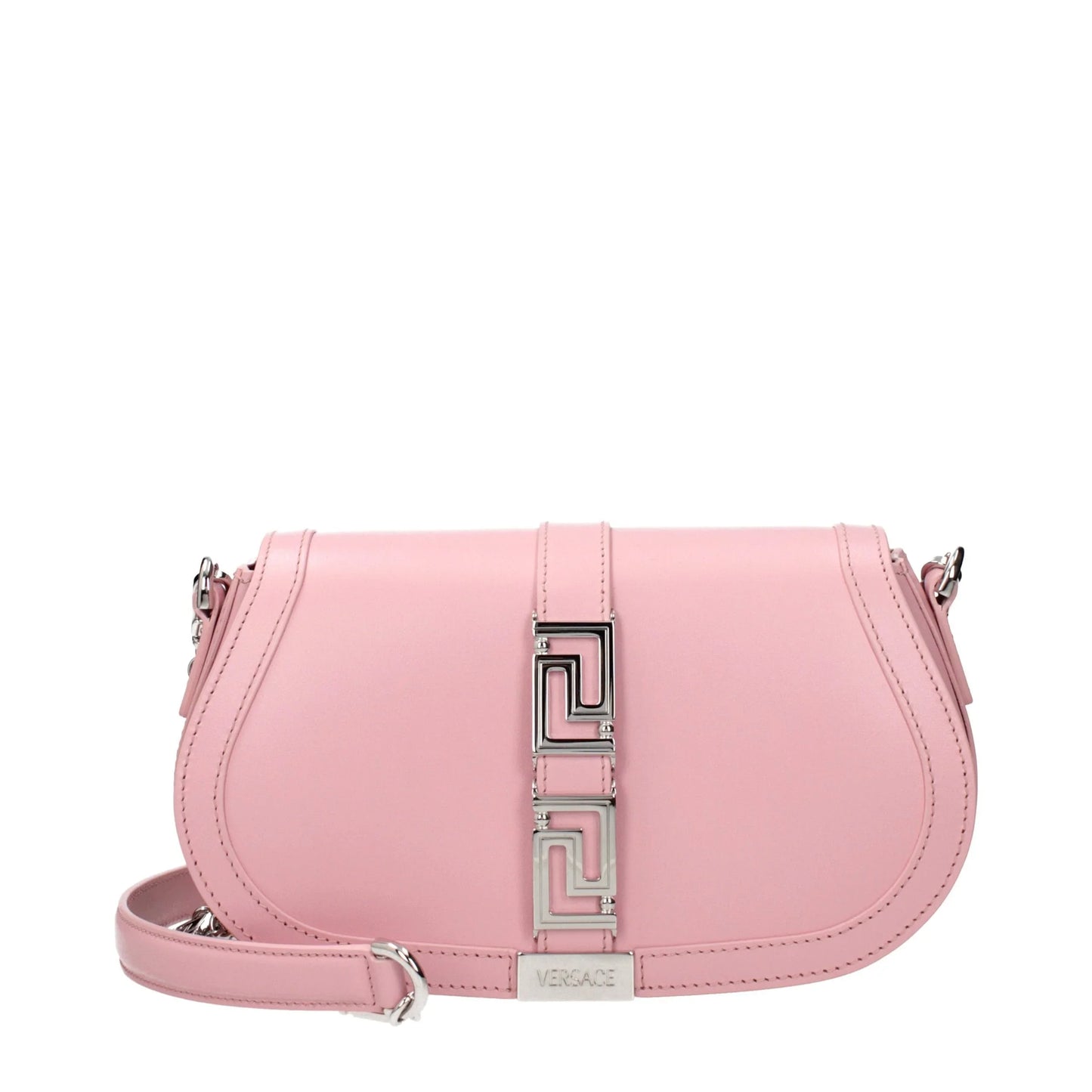 Pink leather designer shoulder bag with silver geometric hardware and adjustable strap