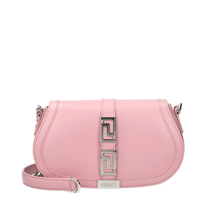 Pink leather designer shoulder bag with silver geometric hardware and adjustable strap