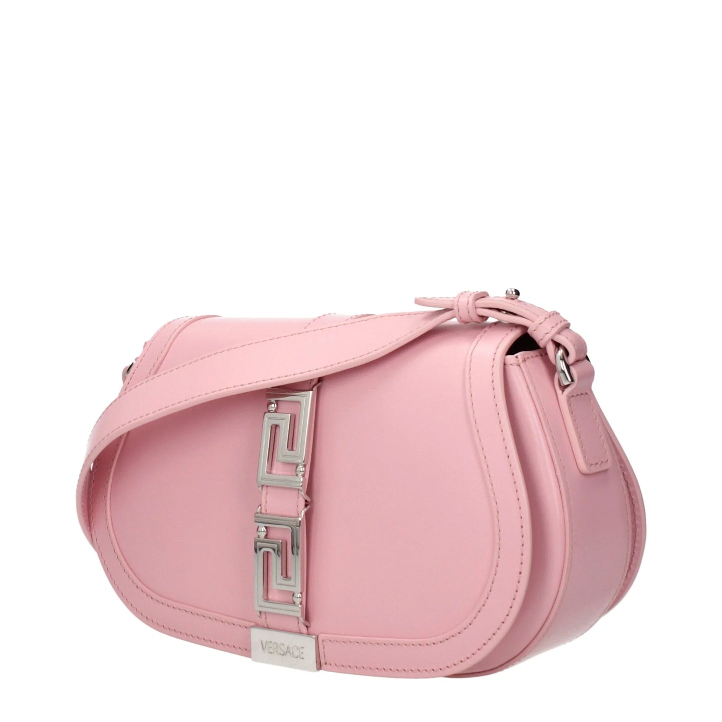 Pink leather shoulder bag with silver hardware and geometric clasp