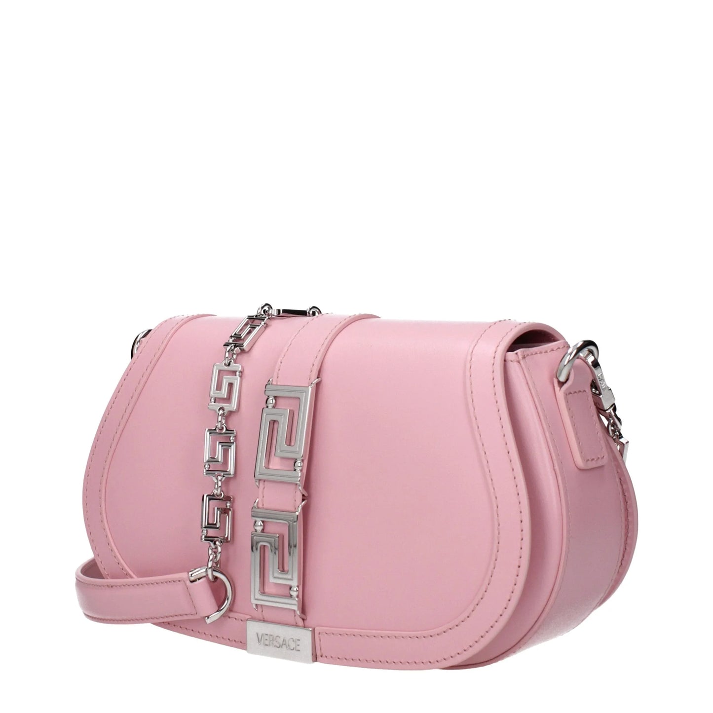 Pink leather designer shoulder bag with silver geometric chain and logo detail