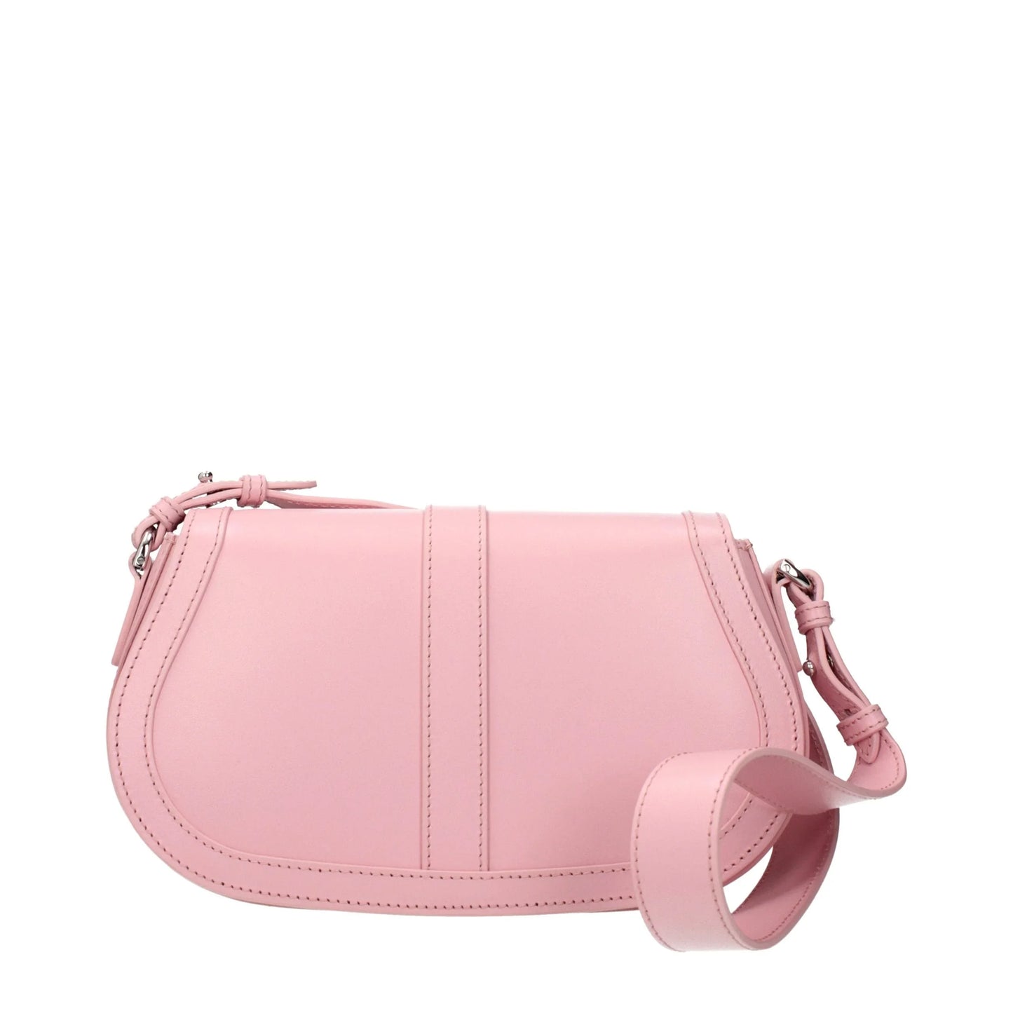 Light pink leather shoulder bag with curved edges and adjustable strap, luxury accessory