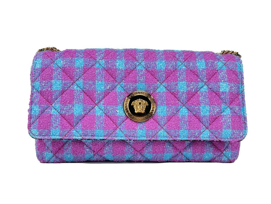 Pink and blue checkered tweed designer shoulder bag with gold Medusa emblem and chain strap