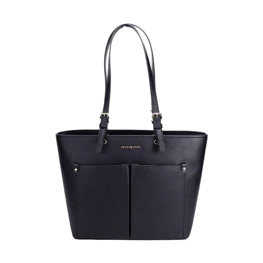 Black leather designer tote bag with dual top handles and front pockets