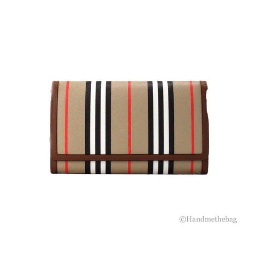 Beige wallet with brown trim and red, white, and black vertical stripes on white background
