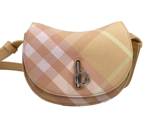 Beige plaid crossbody bag with tan leather strap and silver-tone clasp