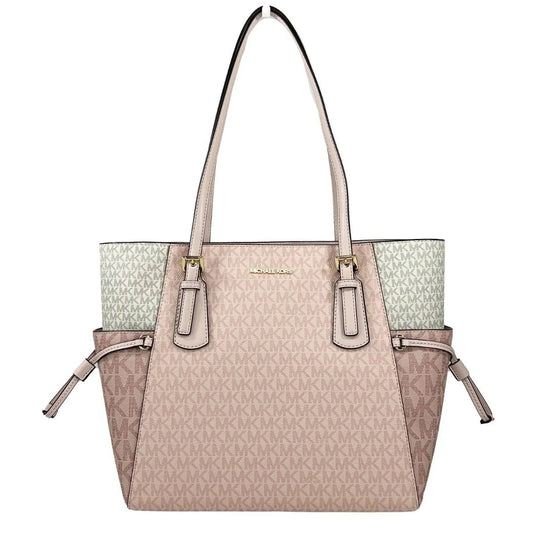 Designer tote bag in beige and pink with logo pattern, dual handles, and side pockets