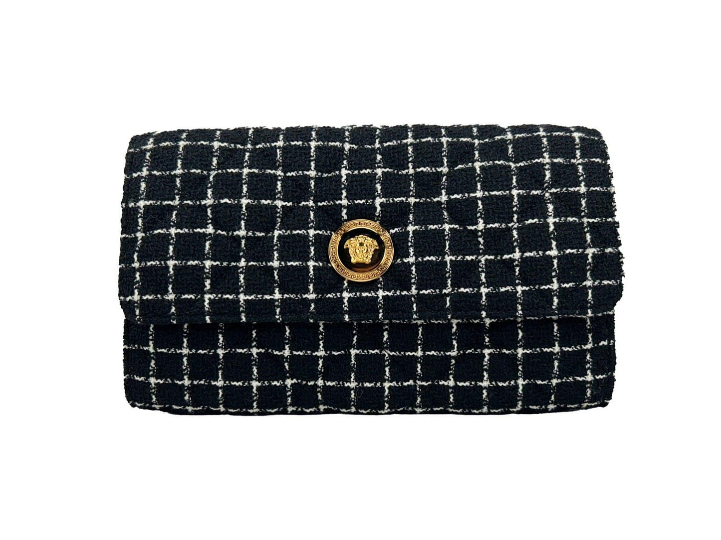 Black and white tweed clutch bag with gold medallion button and grid pattern
