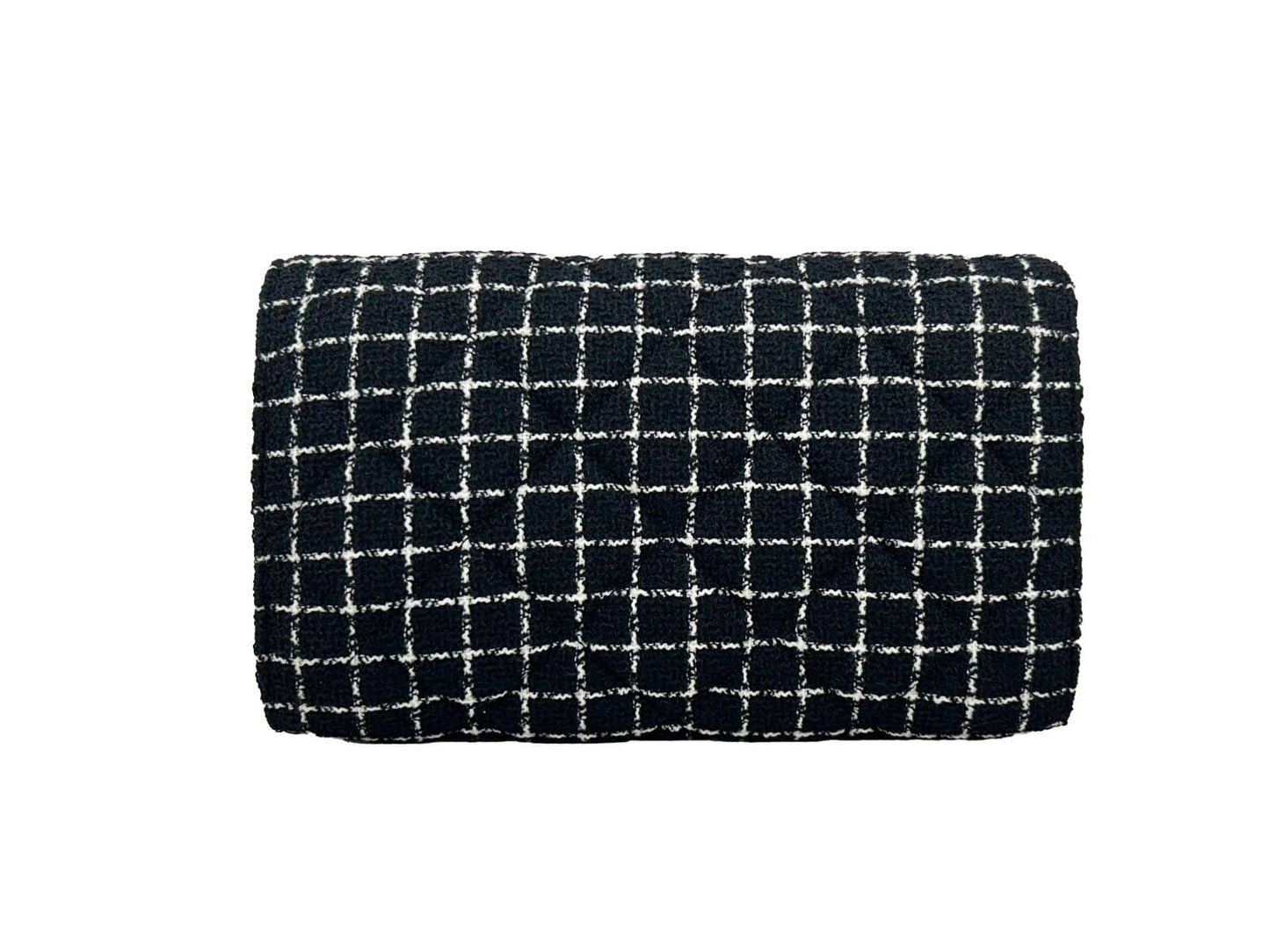 Black and white tweed clutch bag with grid pattern on white background