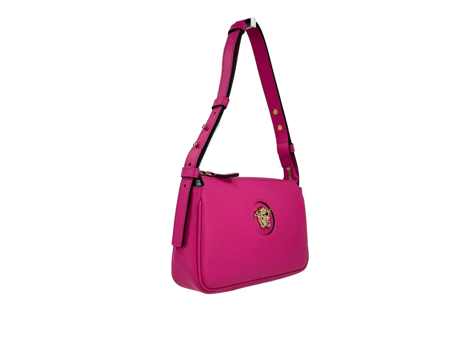 Pink leather shoulder bag with gold emblem and adjustable strap on white background