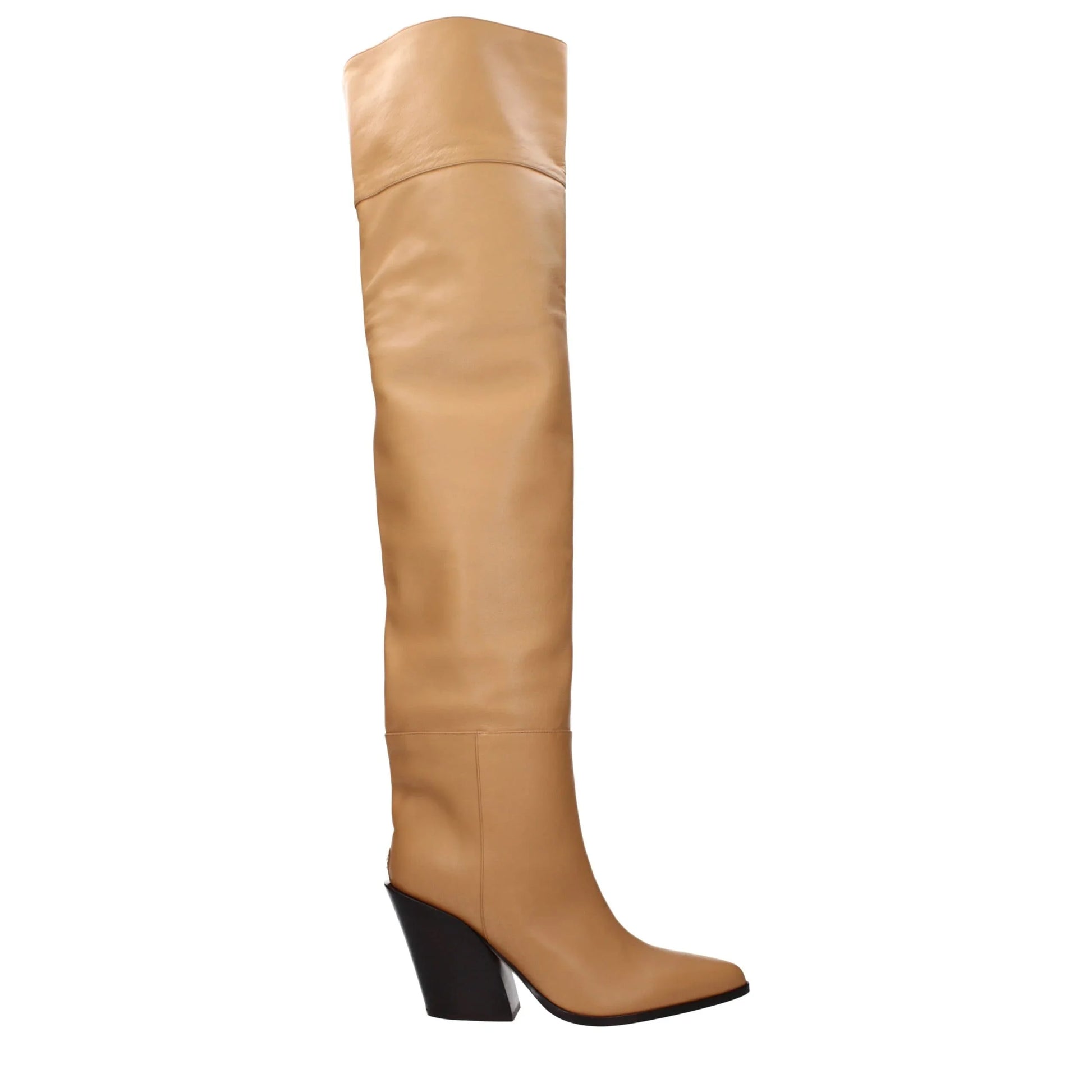 Tan leather over-the-knee boot with pointed toe and block heel on white background