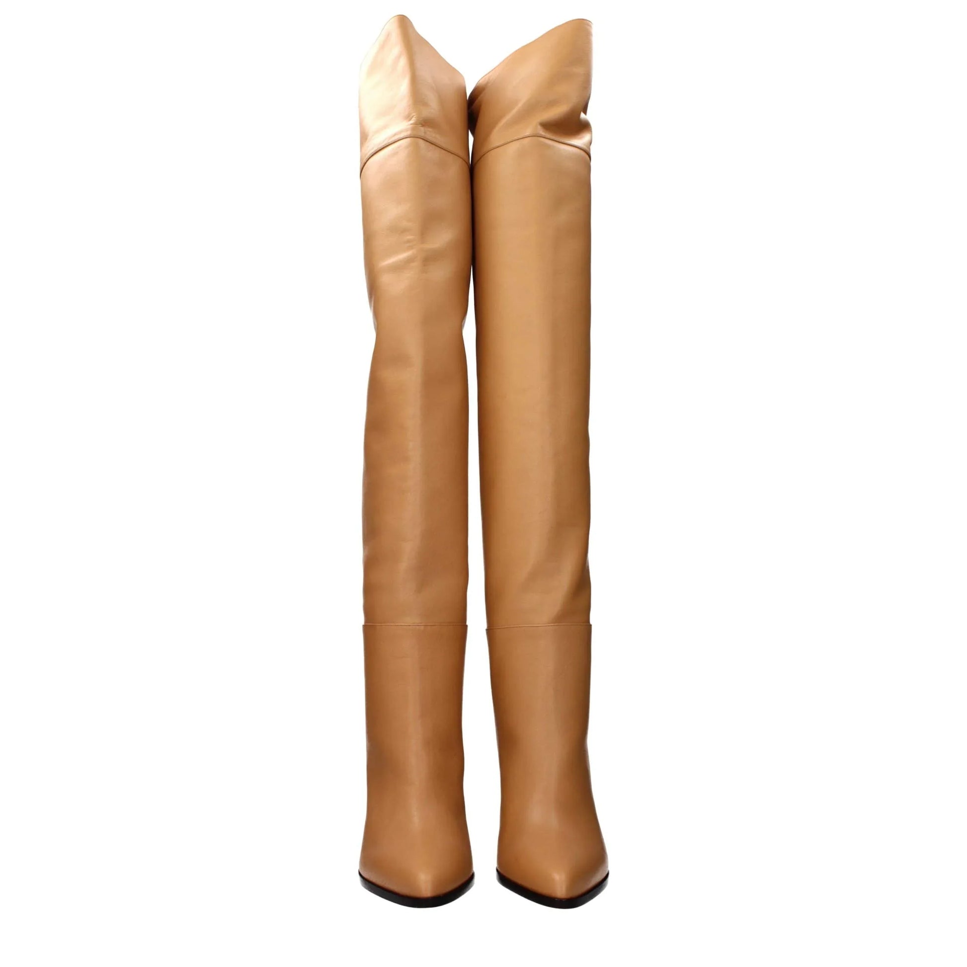 Tan leather thigh-high boots with pointed toes on a white background