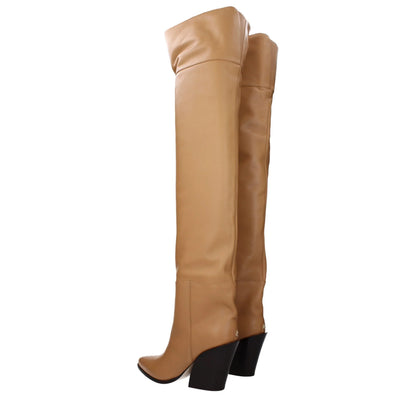 Tan over-the-knee heeled leather boots with block heels on a white background