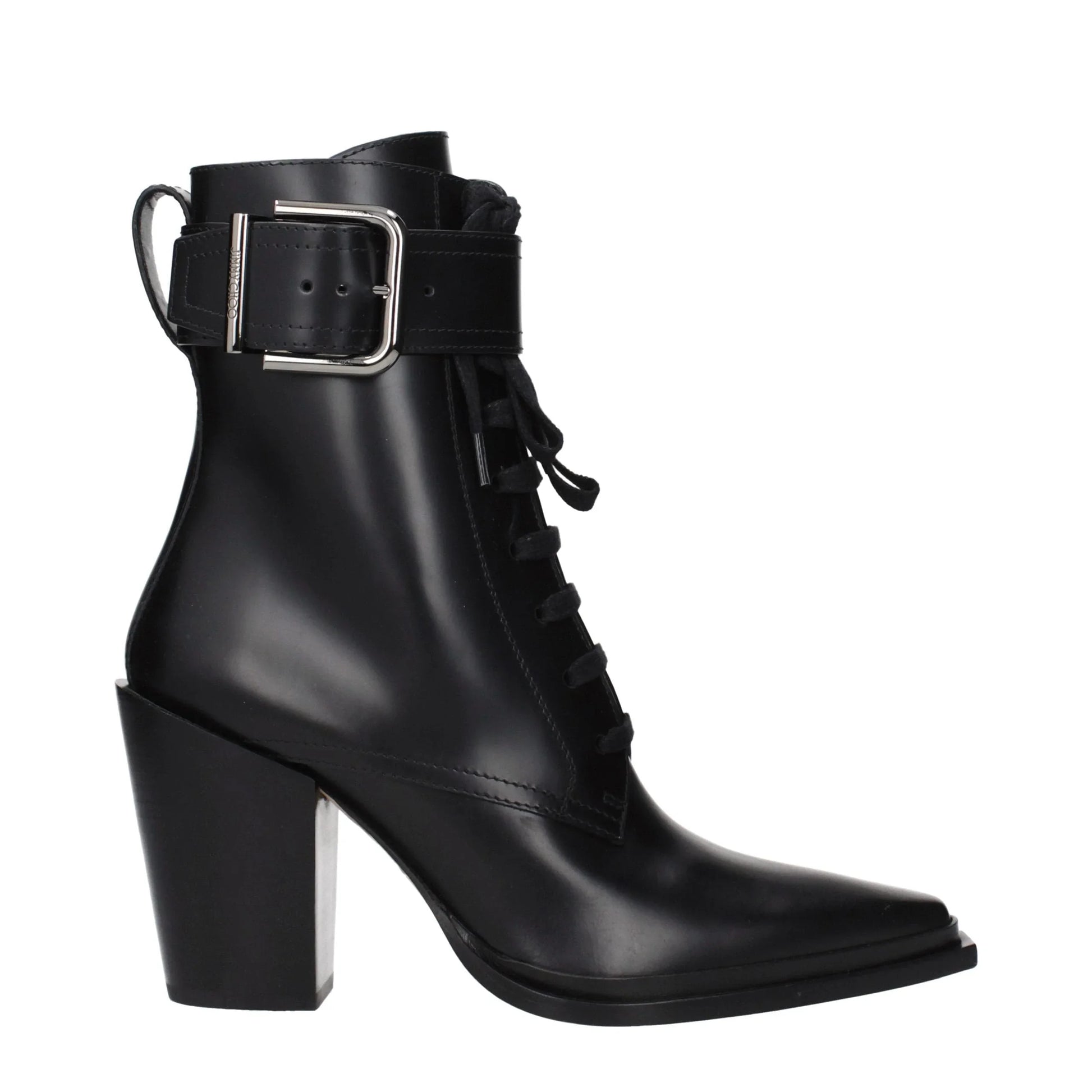 Black leather ankle boot with block heel, lace-up front, and large buckle strap