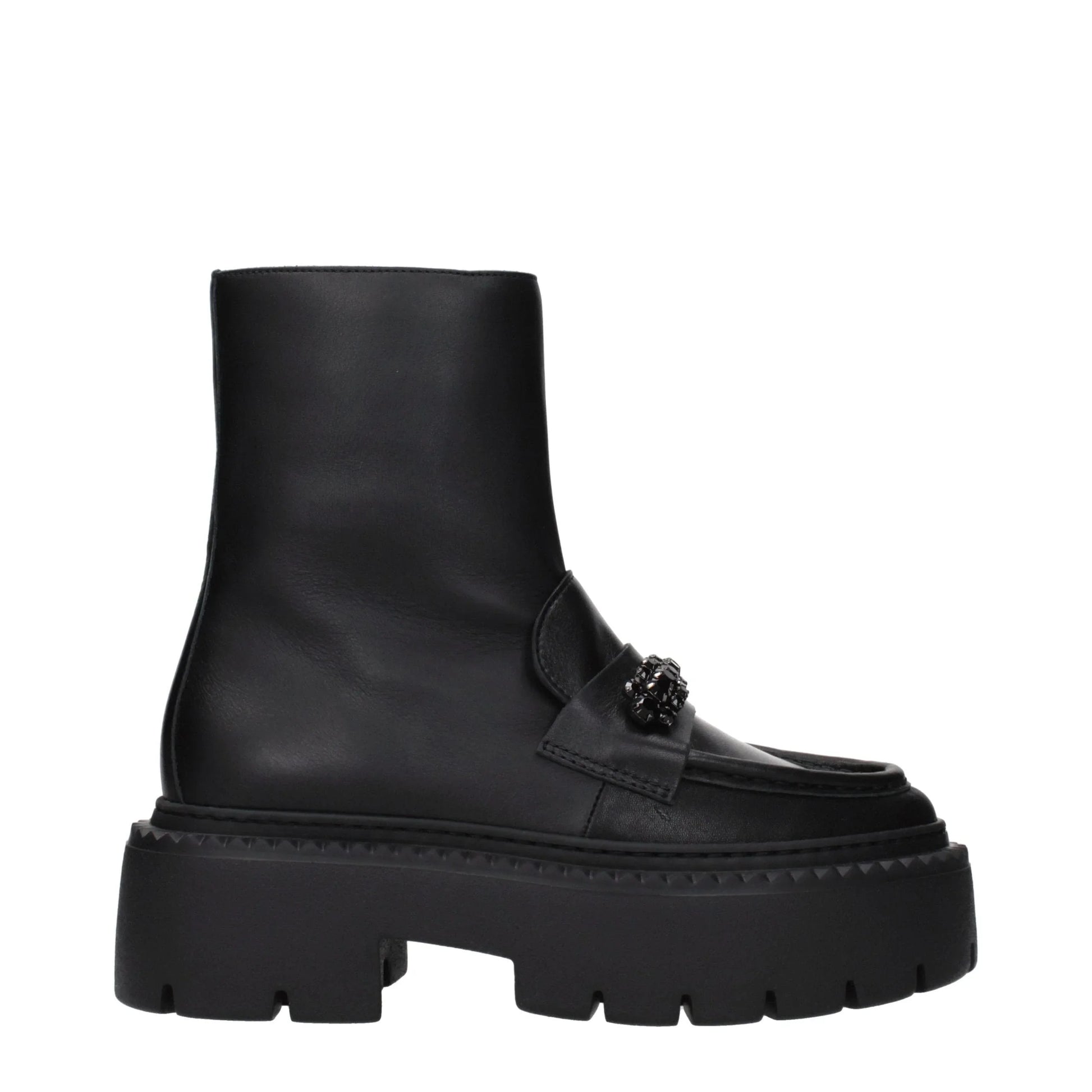 Black chunky leather ankle boot with jeweled detail and thick lug sole, side view