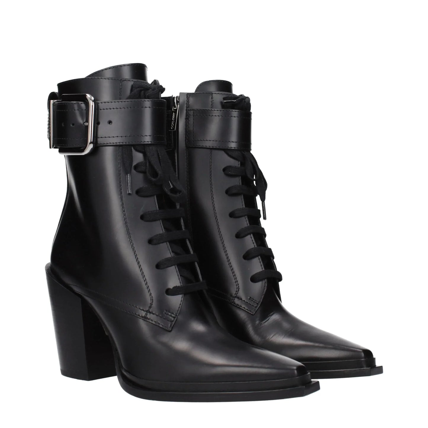 Black leather ankle boots with lace-up front, buckle strap, and block heel, luxury footwear