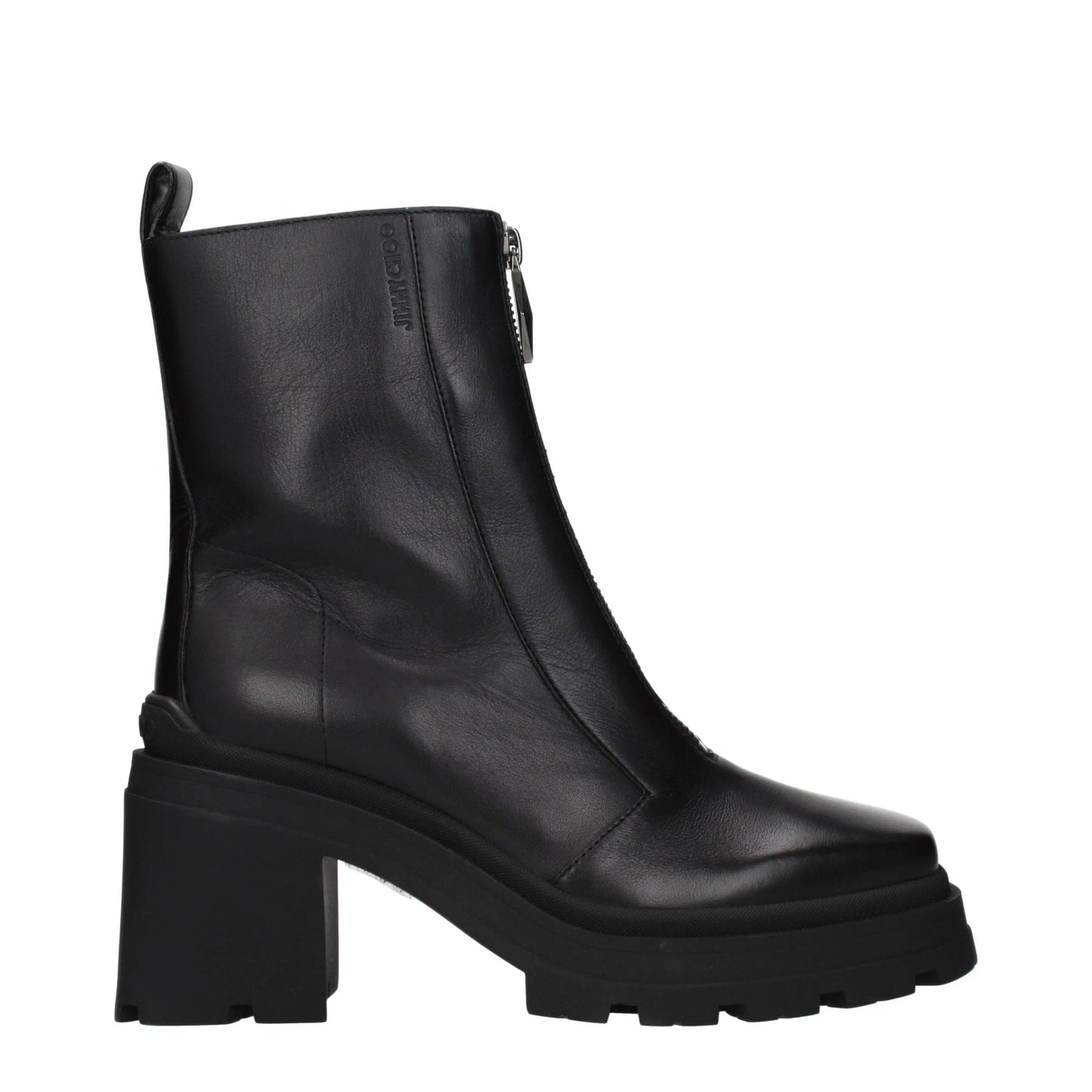 Black leather ankle boot with chunky heel and side zipper for women