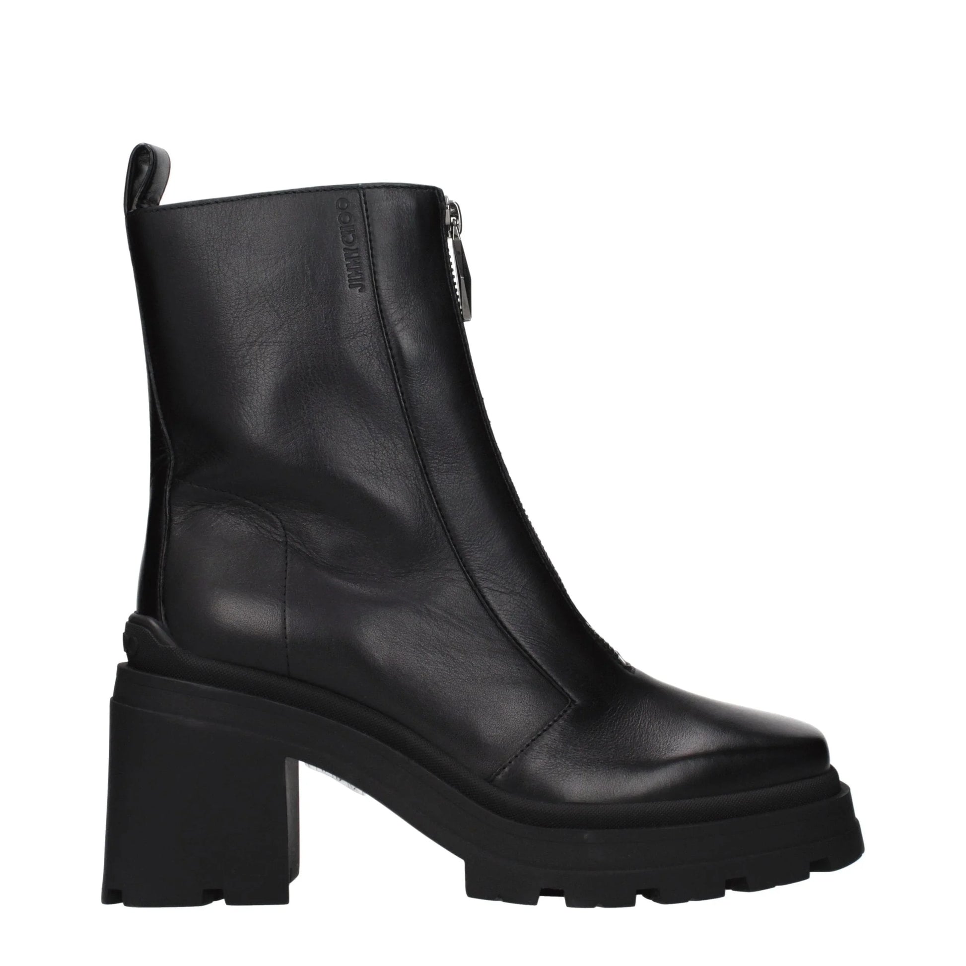 Black leather ankle boot with chunky heel and side zipper for women