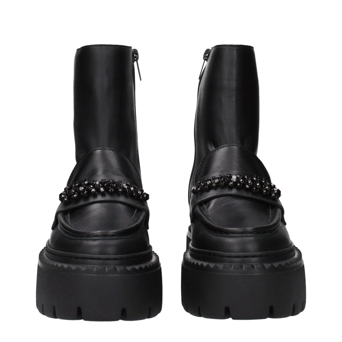 Chunky black leather ankle boots with beaded detail and platform soles, front view