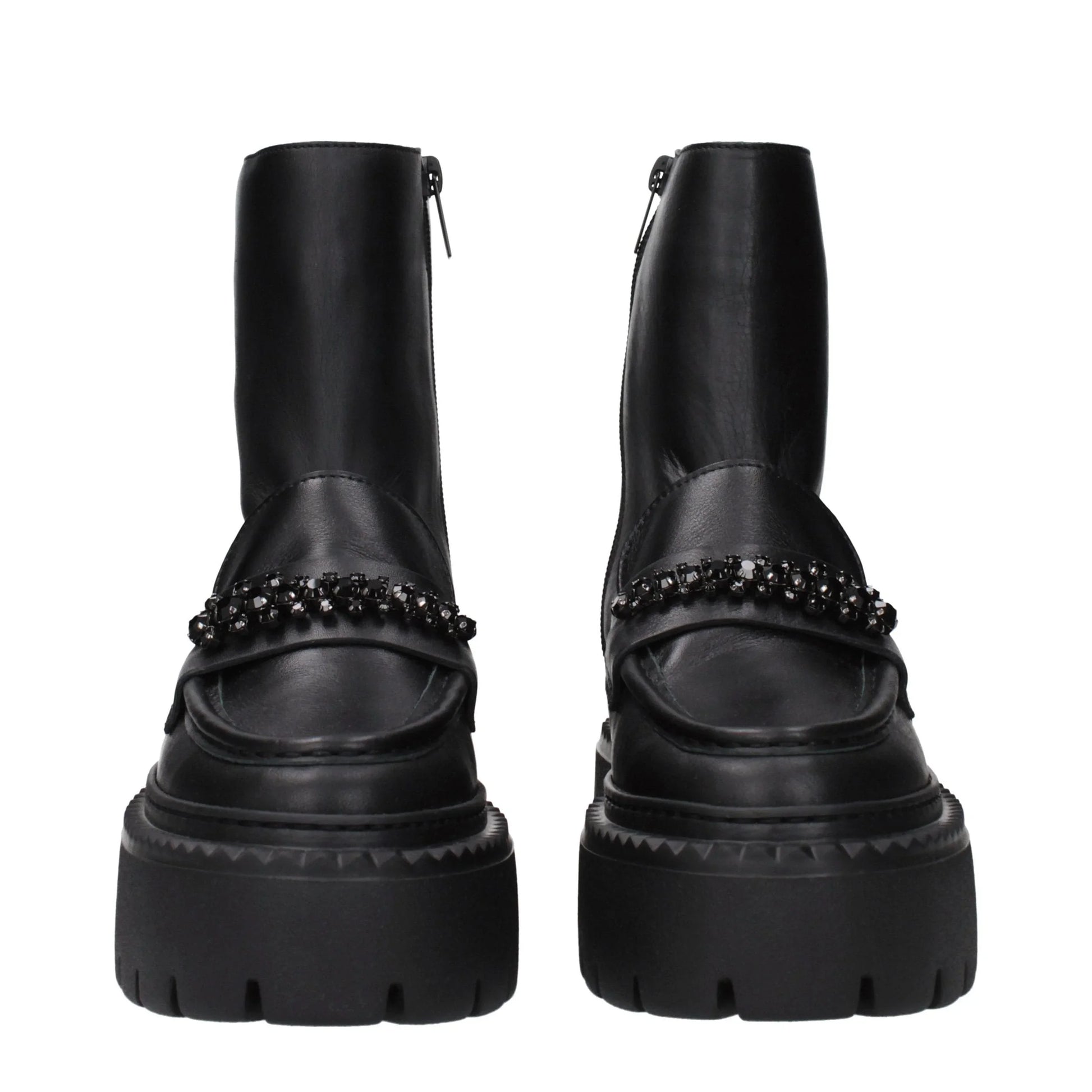 Chunky black leather ankle boots with beaded detail and platform soles, front view