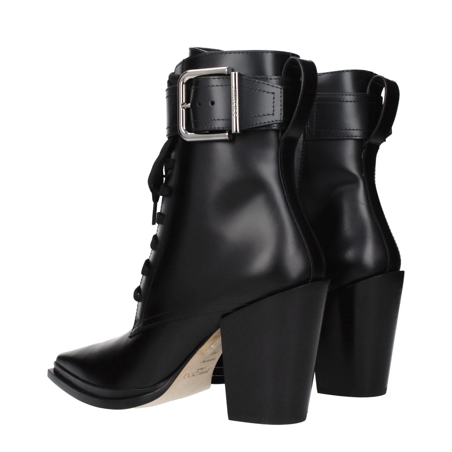 Black leather ankle boots with block heels, silver buckle strap, and lace-up design