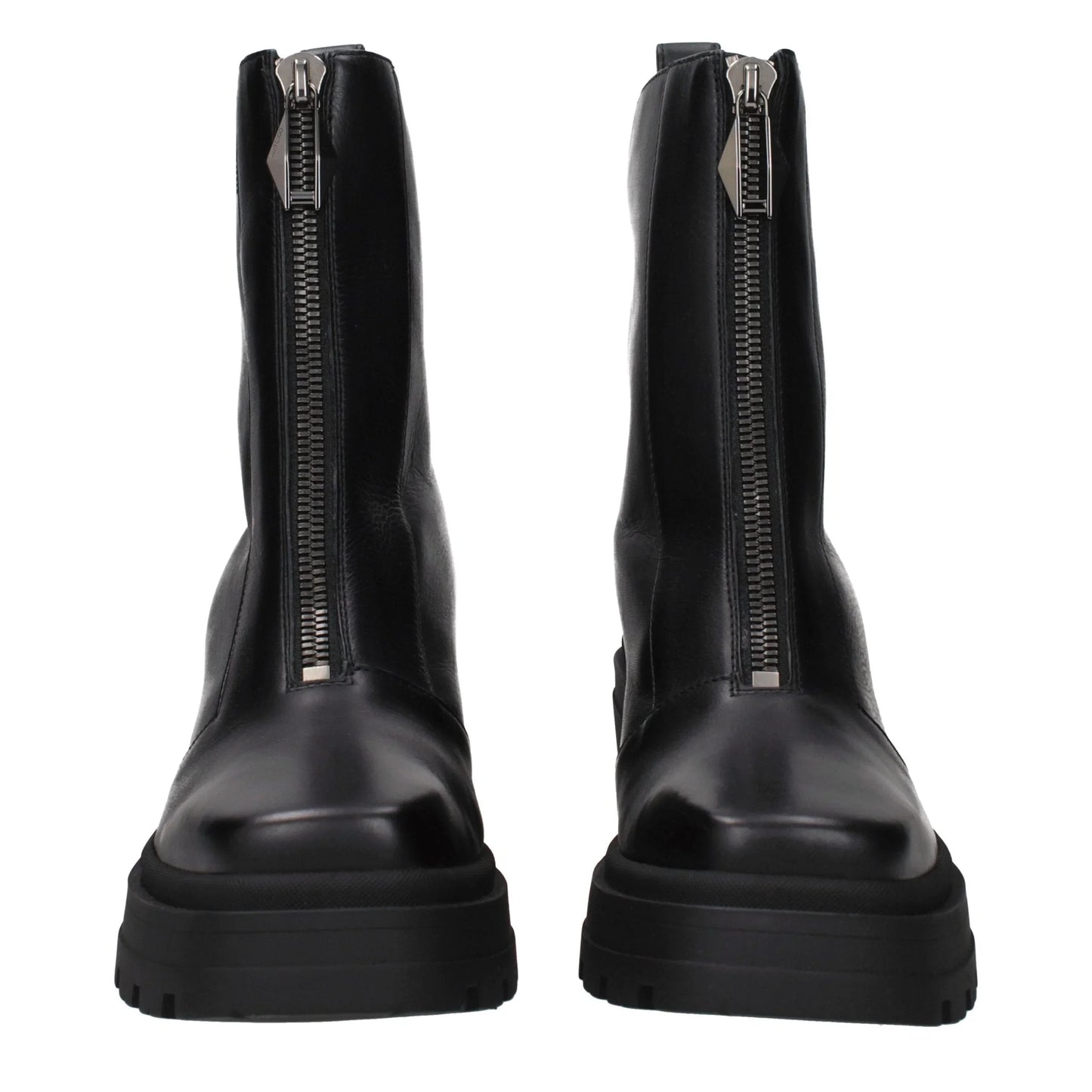 Black leather ankle boots with chunky soles and front zippers, luxury footwear