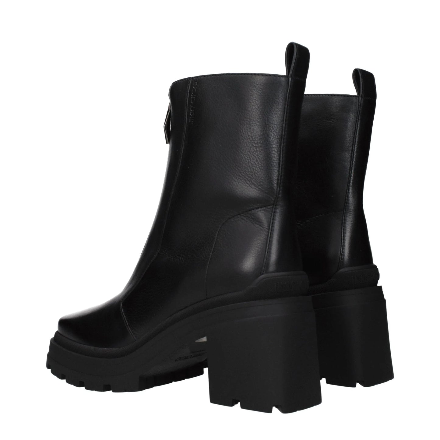 Black leather ankle boots with chunky block heel and pull tabs, shown on white background
