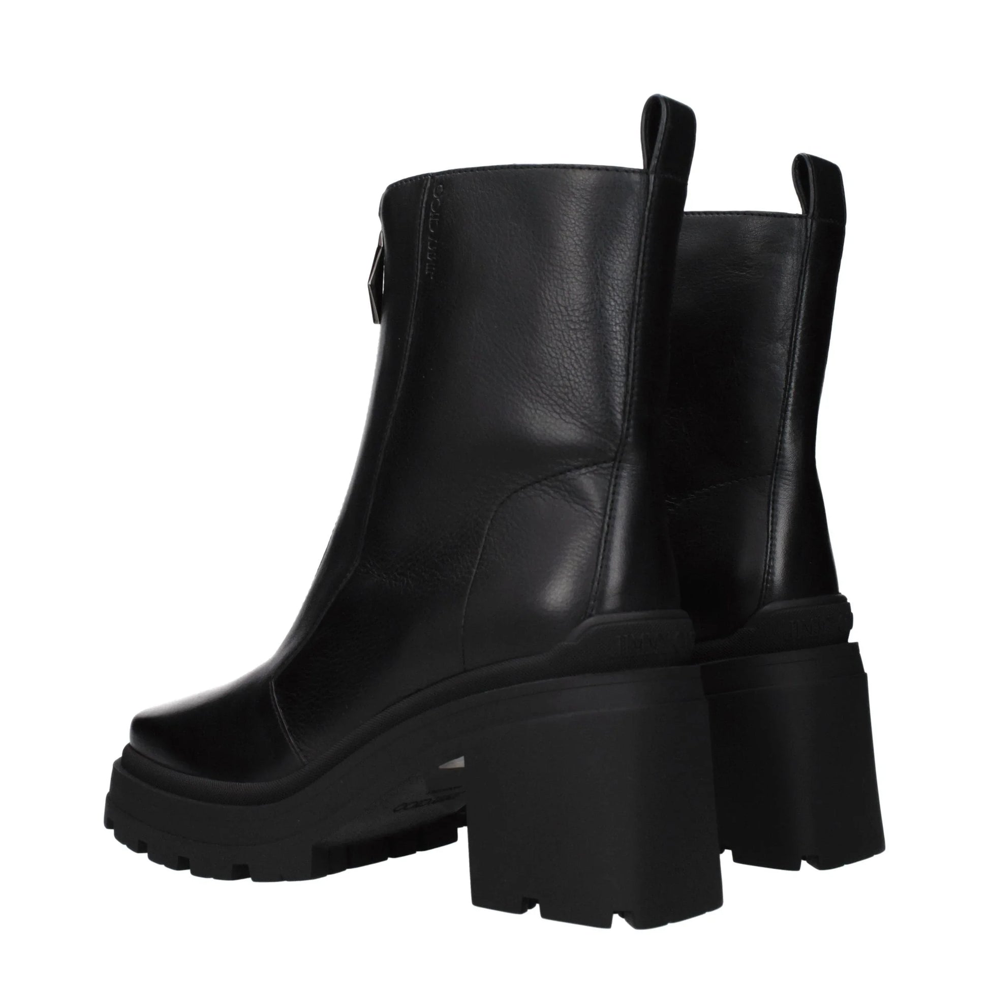 Black leather ankle boots with chunky block heel and pull tabs, shown on white background