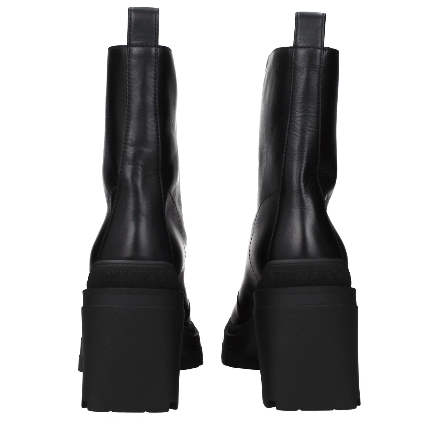 Back view of black leather chunky heel ankle boots with pull tabs