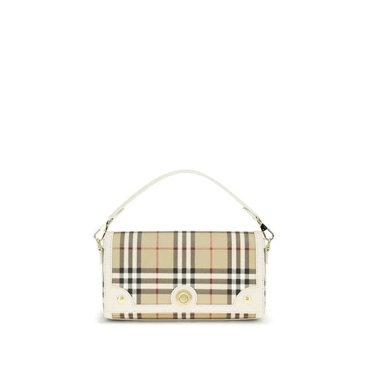 Beige checkered designer shoulder bag with white leather accents and gold hardware