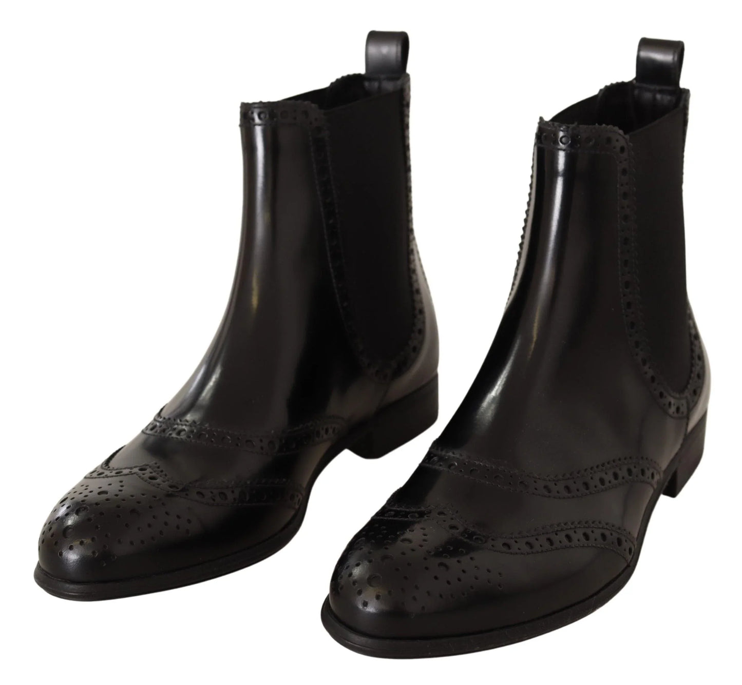 Black leather Chelsea boots with brogue detailing and elastic side panels