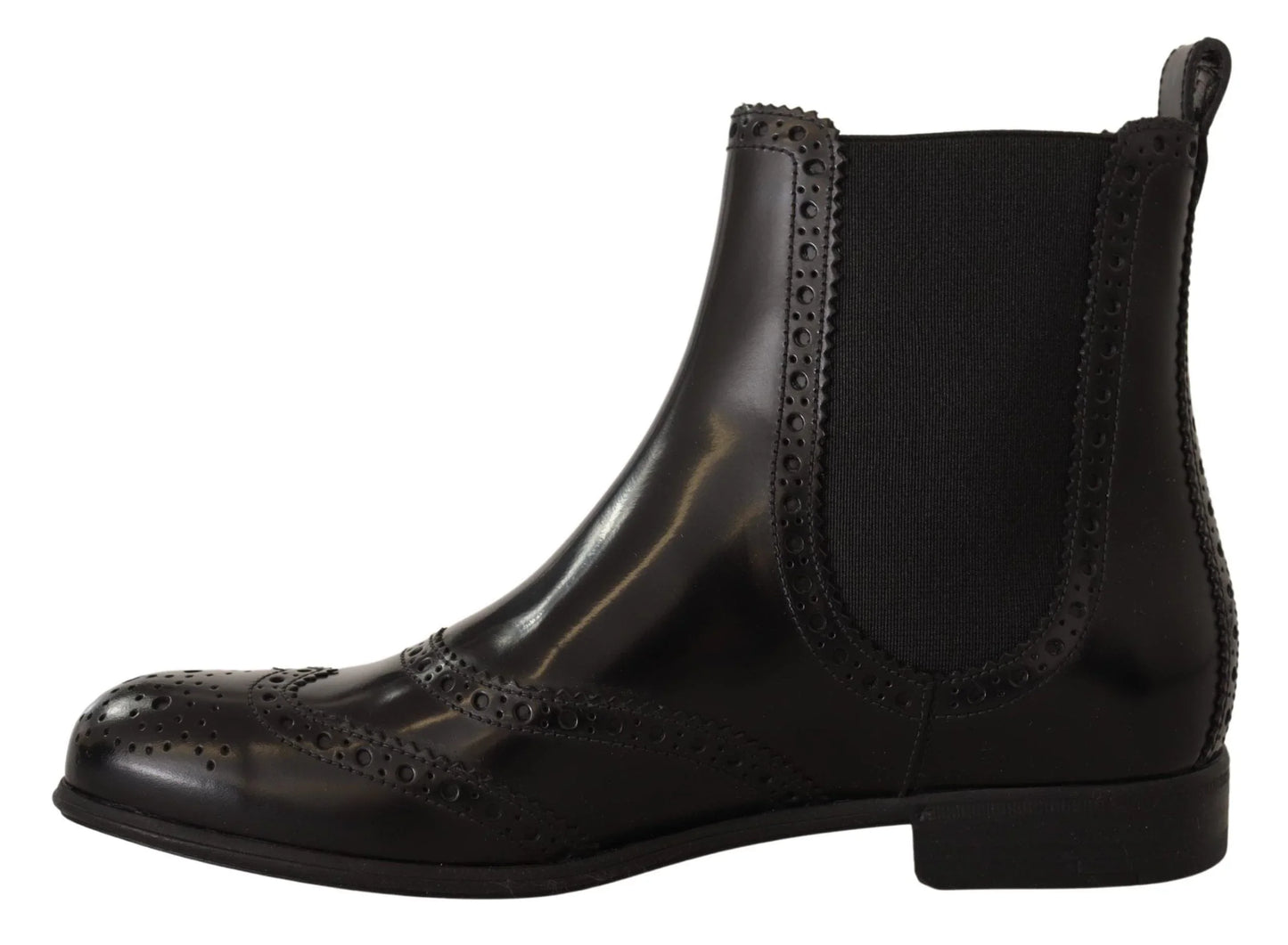 Black leather brogue Chelsea boot with perforated detailing and elastic side panel