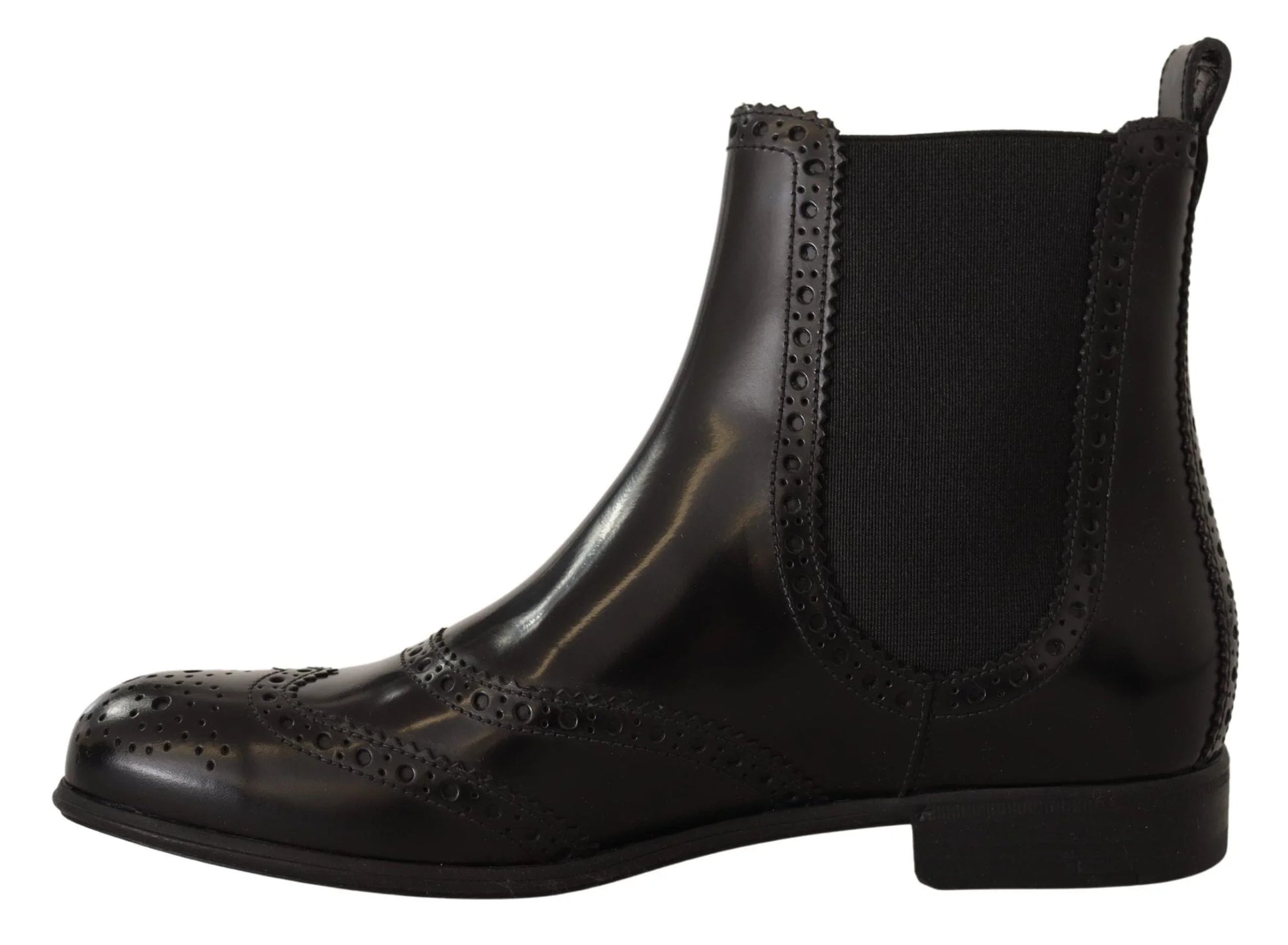 Black leather brogue Chelsea boot with perforated detailing and elastic side panel