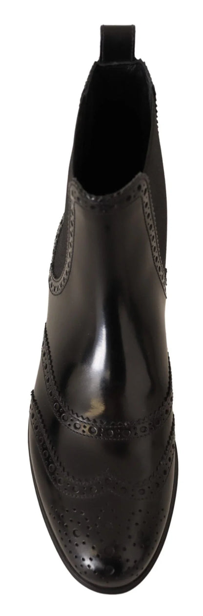 Black leather brogue Chelsea boot with decorative perforations, top view