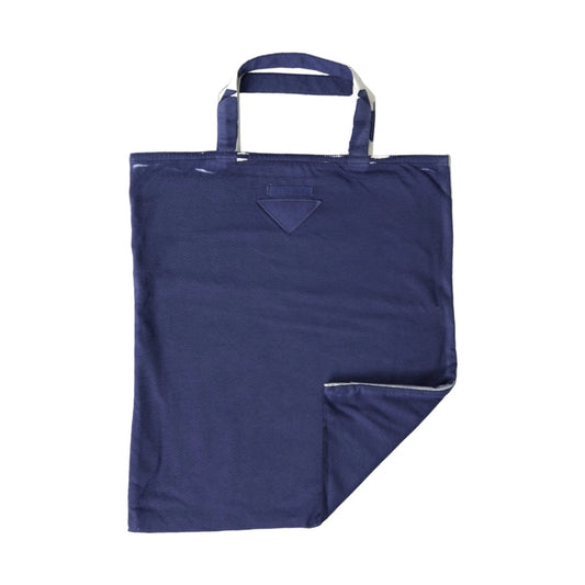 Navy blue fabric tote bag with double handles and a folded corner, on white background