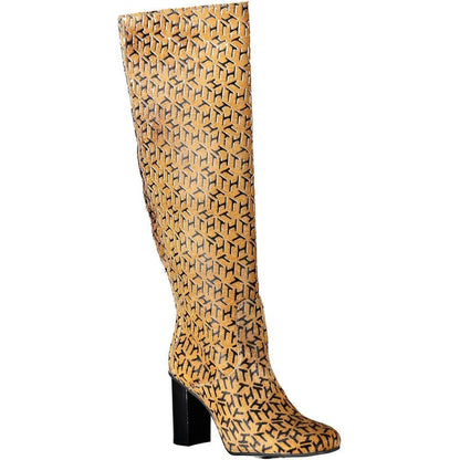 Geometric pattern knee-high heeled boot in tan with block heel, luxury designer footwear