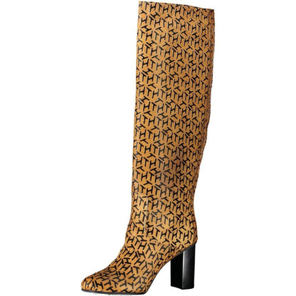 Tan knee-high heeled boot with black geometric pattern, luxury designer footwear