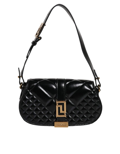 Black quilted leather designer shoulder bag with gold hardware and geometric clasp