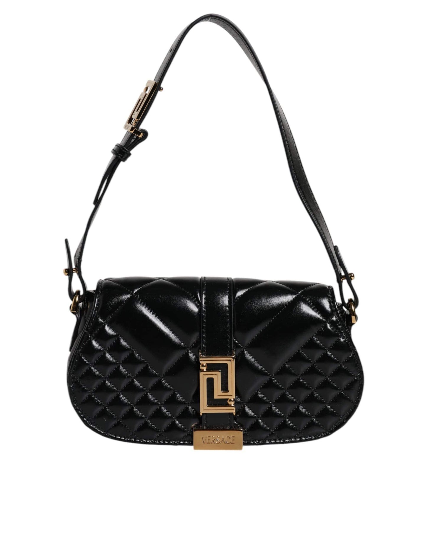 Black quilted leather designer shoulder bag with gold hardware and adjustable strap
