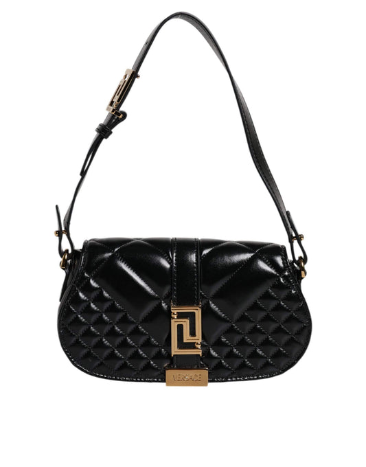 Black quilted leather designer shoulder bag with gold hardware and adjustable strap