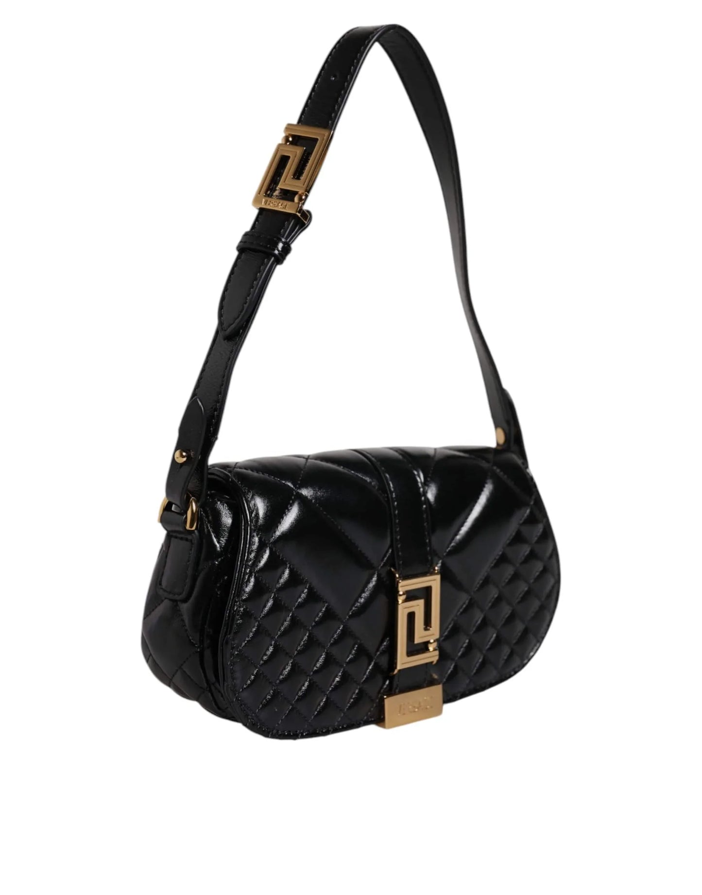 Black quilted designer shoulder bag with gold hardware and geometric buckle