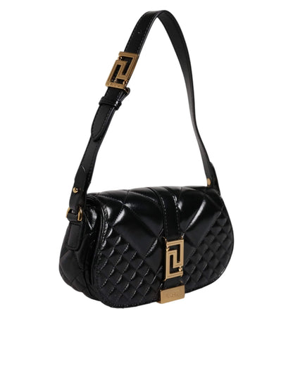 Black quilted designer shoulder bag with gold hardware and geometric buckle