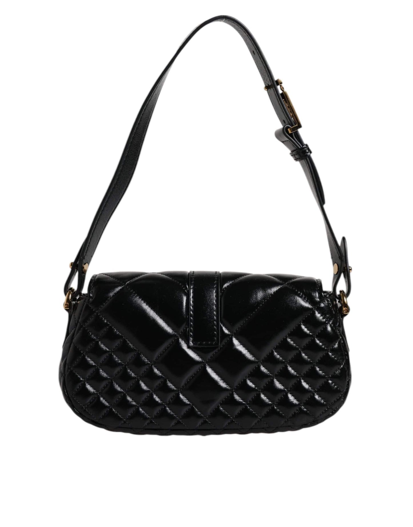 Black quilted leather shoulder bag with adjustable strap and gold hardware